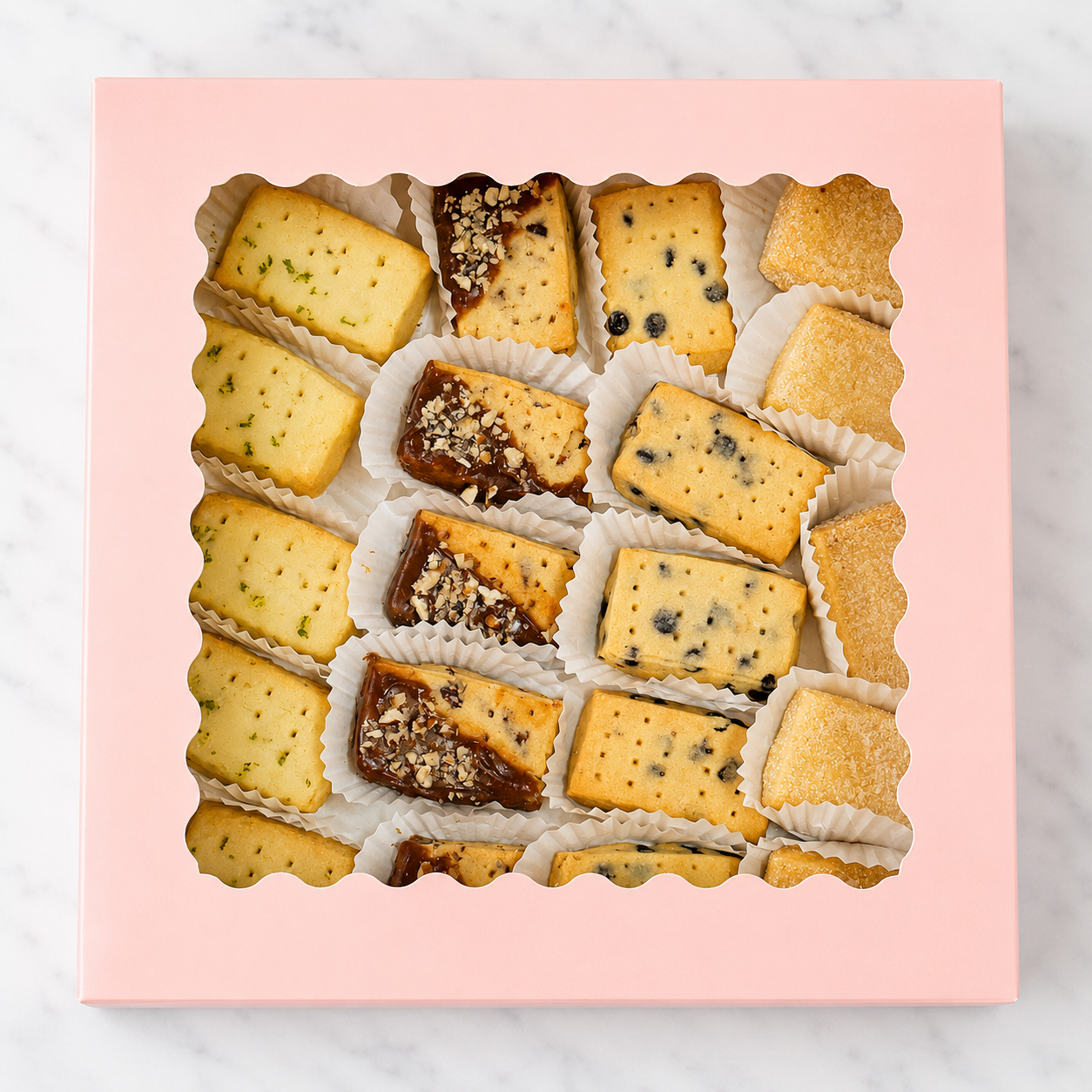 Caja de galletas surtidas shortbread (clásica, limón, dulce de leche con nuez, chispas) 20pz